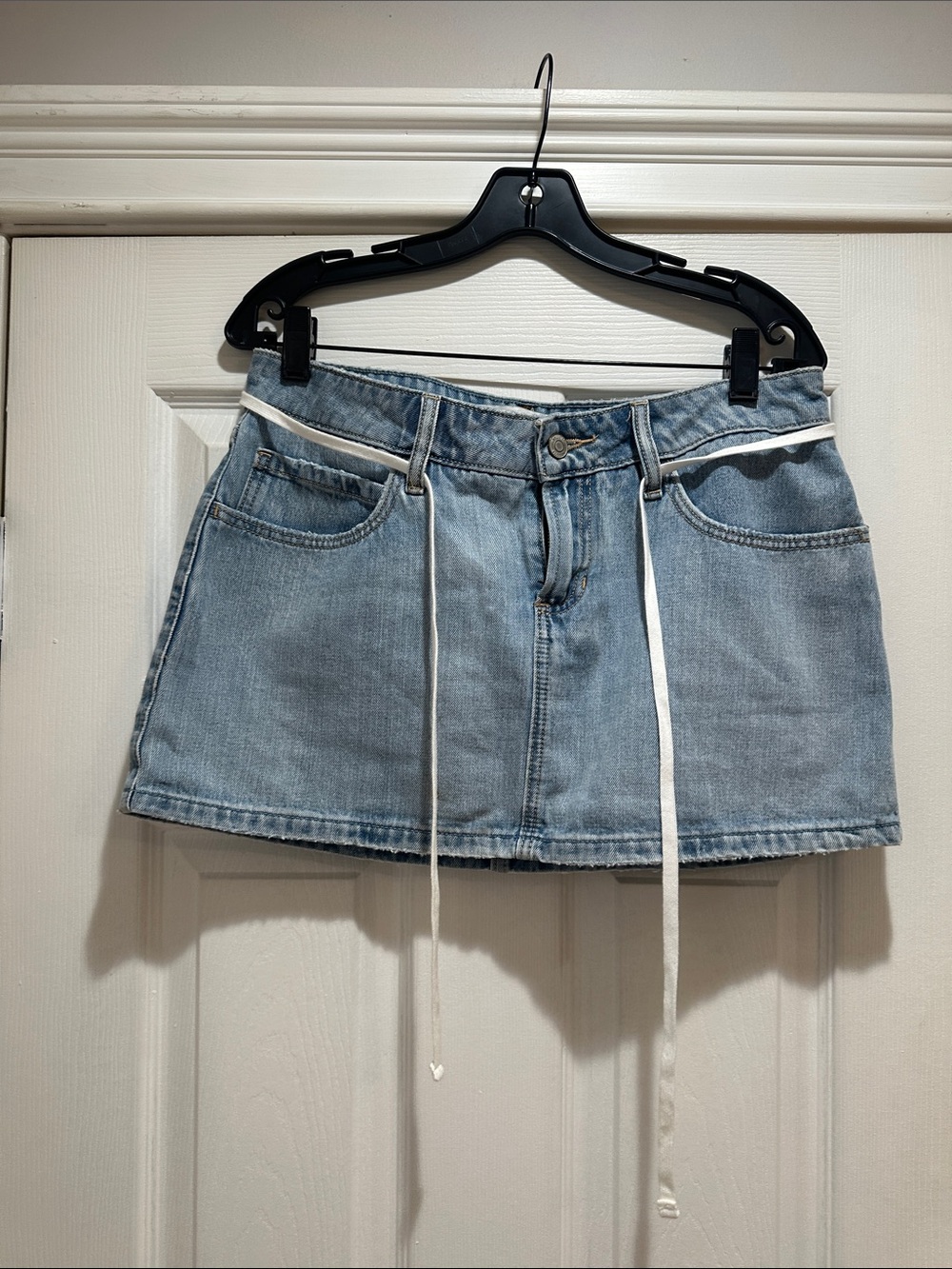 Hollister Light Blue Denim Mini Skirt with White Drawstring
